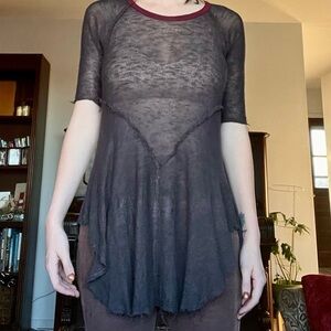 Free People Sheer Black Top with Burgundy Trim